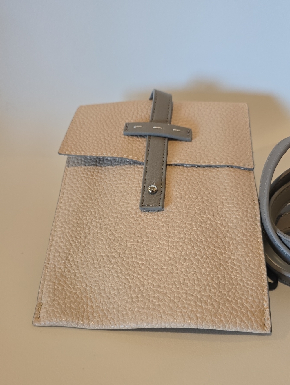 Mary Kay Beige Pebbled Crossbody Pouch with Gray Strap
